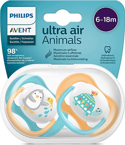 AVENT SUCETTE ORTHO 6-18M BOY PENG/TURT